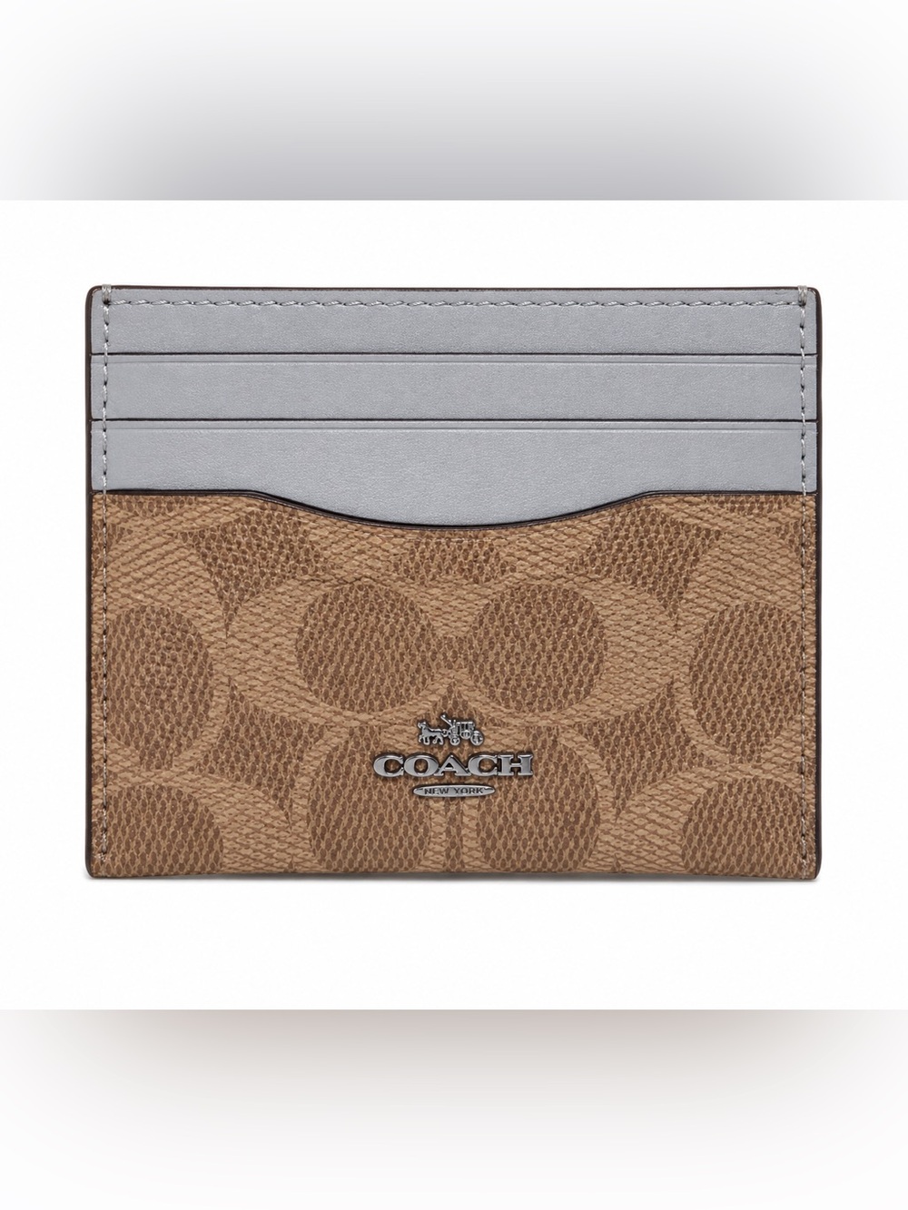 Coach Brown Signature Canvas Card Holder with Gray Leather